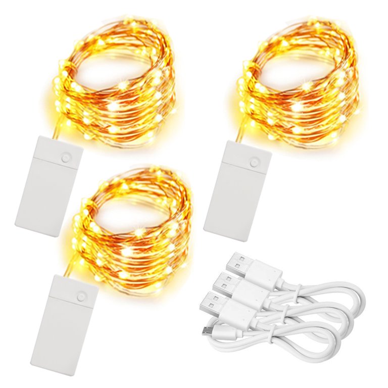 Soltuus 3 Pack Rechargeable String Fairy Lights 10ft 30 LED, 4 Modes Copper  Wire Christmas Starry Lighting, Waterproof Micro Firefly Moon Light, Warm
