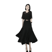 Soluble Rongrong Temperament Foreign-Style Ruffled Skirt Round Neck Pullover Chiffon Solid Color Long Skirt Short-Sleeved Dresses Black L