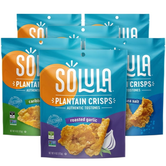 Solula Plantain Crisps Authentic Tostones, Variety Pack, 4 Ounce (Pack of 6), Pacific Sea Salt, Roasted Garlic and Caribbean Lime, Kettle Cooked Chips, Gluten Free, Paleo Friendly, Grain Free, Vegan