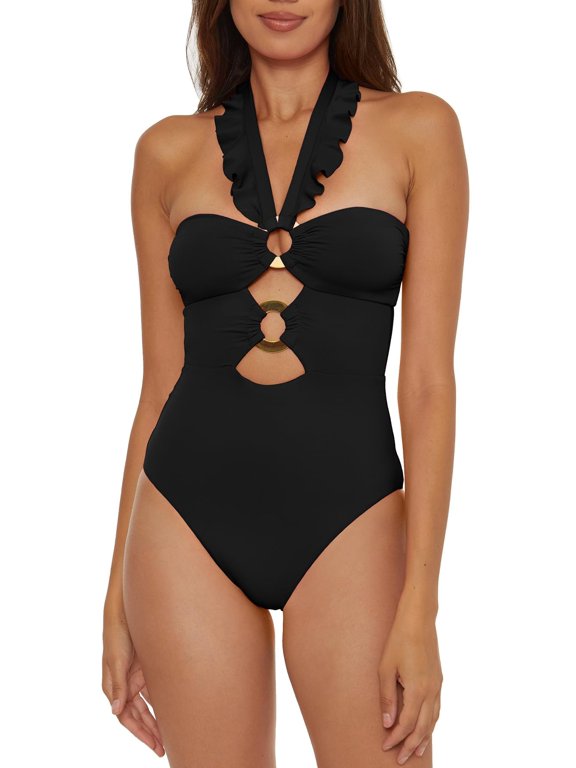 Swim Buckle Up - Women's One Piece Bandeau Swimsuit, Black, Medium