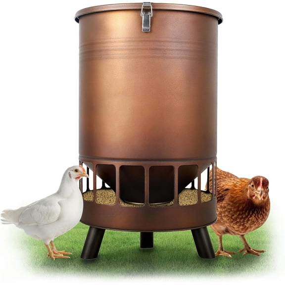 Solution4Patio 50LB No-Waste Chicken Feeder, Large Capacity Gravity Dispenser with Spill Control & 16 Feeding Ports Poultry Feeder for Outdoors & Hen Coop (Brown)