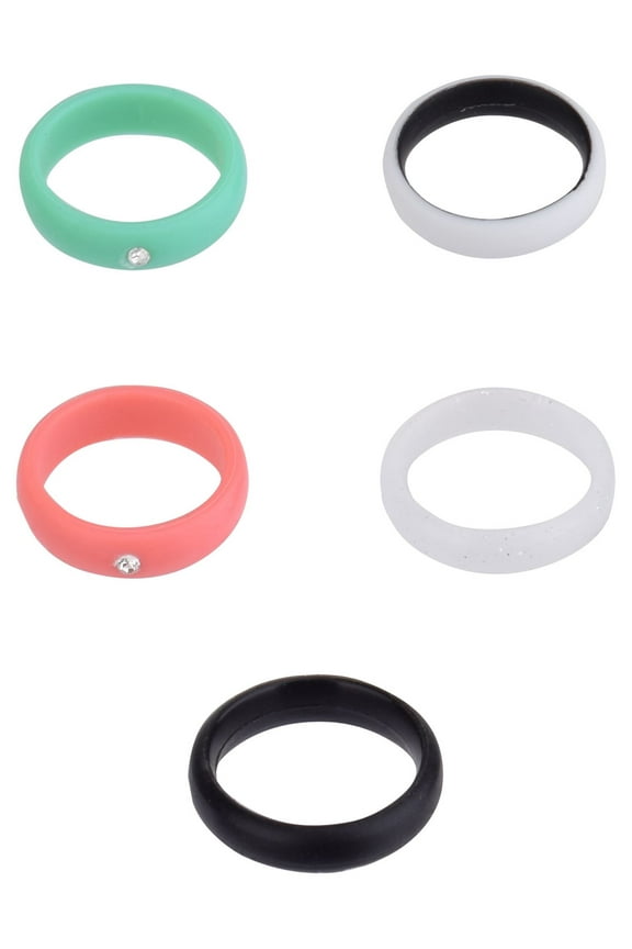 Solutions Adult Female 5 Piece Silicone Multi Ring Set with Stone Accents, Size 7/8