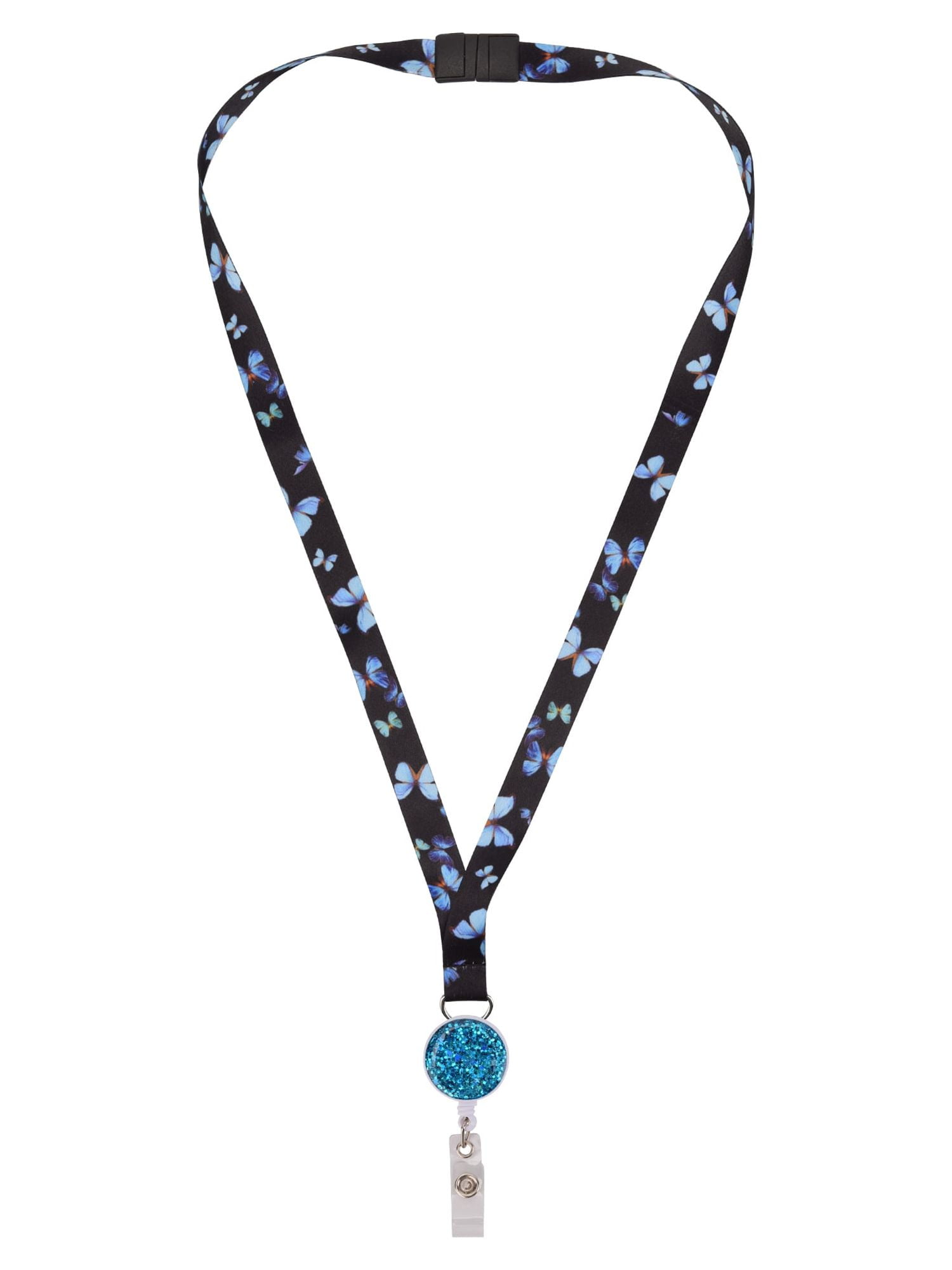 Solutions Adult Female Butterfly Print Lanyard with Blue Glitter