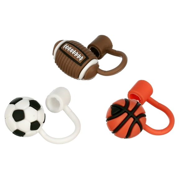 Solutions Essentials 3-Pack Silicone Straw Topper Set, Reusable, Basketball, Football and Soccer Ball, Multicolored
