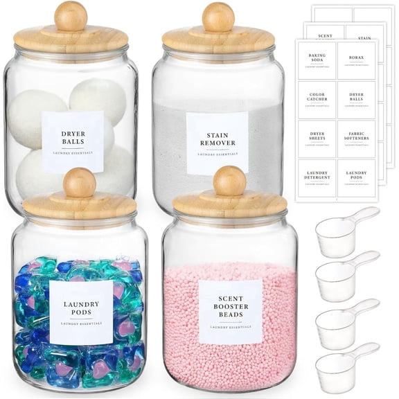 Soluxeo 4 Pack Glass Jars with Bamboo Lids and Labels, Half Gallon Airtight Glass Jars Holder with Scoop for Laundry Detergent, Pods, Scent Booster Beads