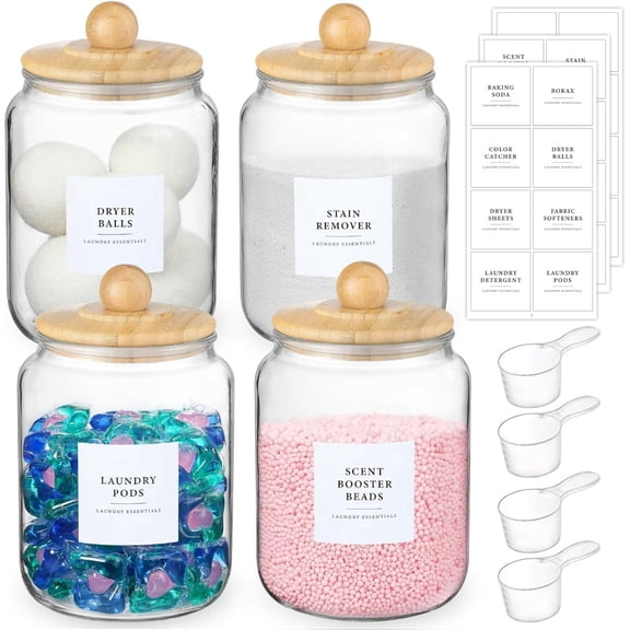 Soluxeo 4 Pack Glass Jars with Bamboo Lids and Labels, Half Gallon Airtight Glass Jars Holder with Scoop for Laundry Detergent, Pods, Scent Booster Beads
