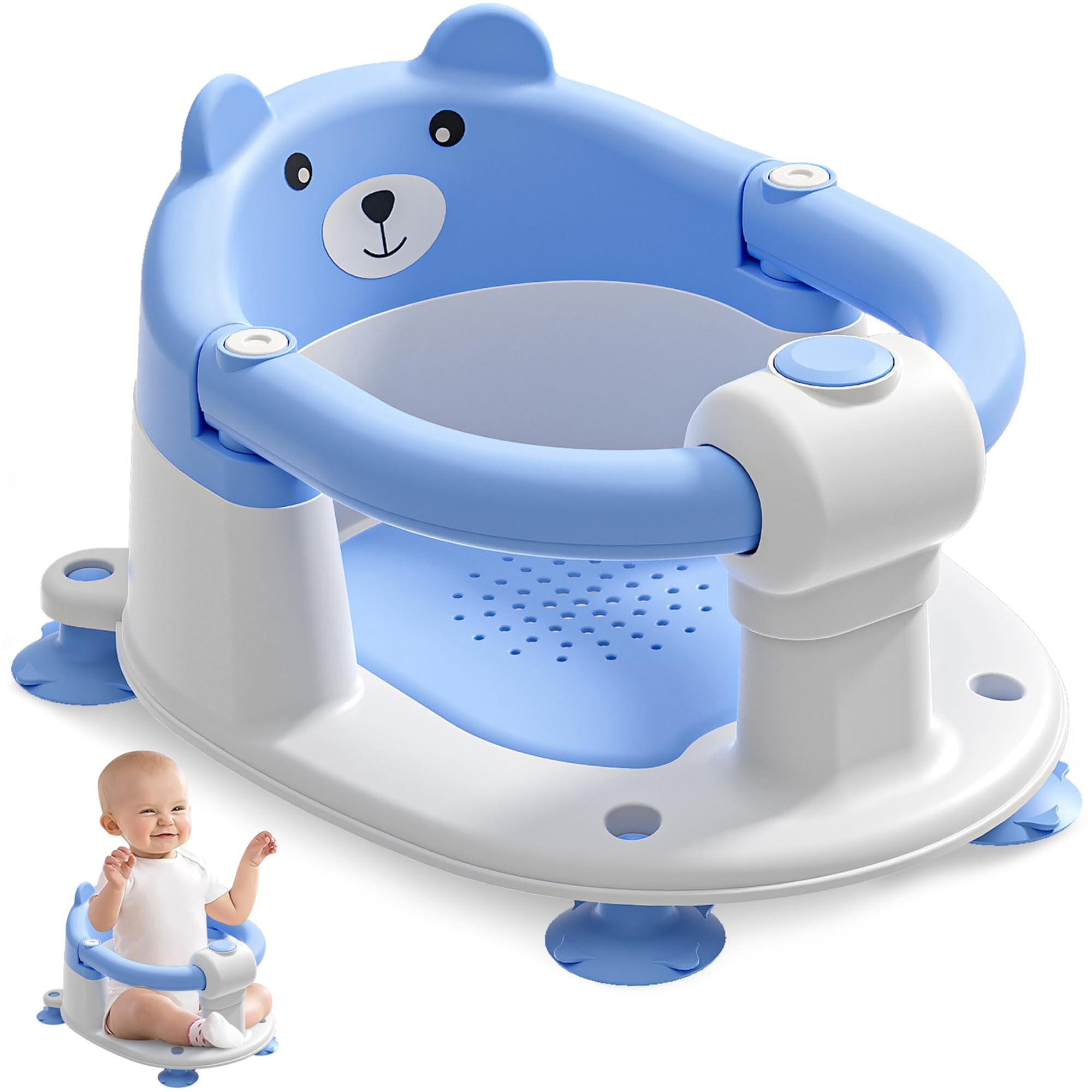 Soluxeo Baby Bath Seat for Babies 6 Months & up, Non-Slip Toddler Bath Seats for Babies Sitting Up with 4 Suction Cups & Soft Cushion for Shower(Blue)