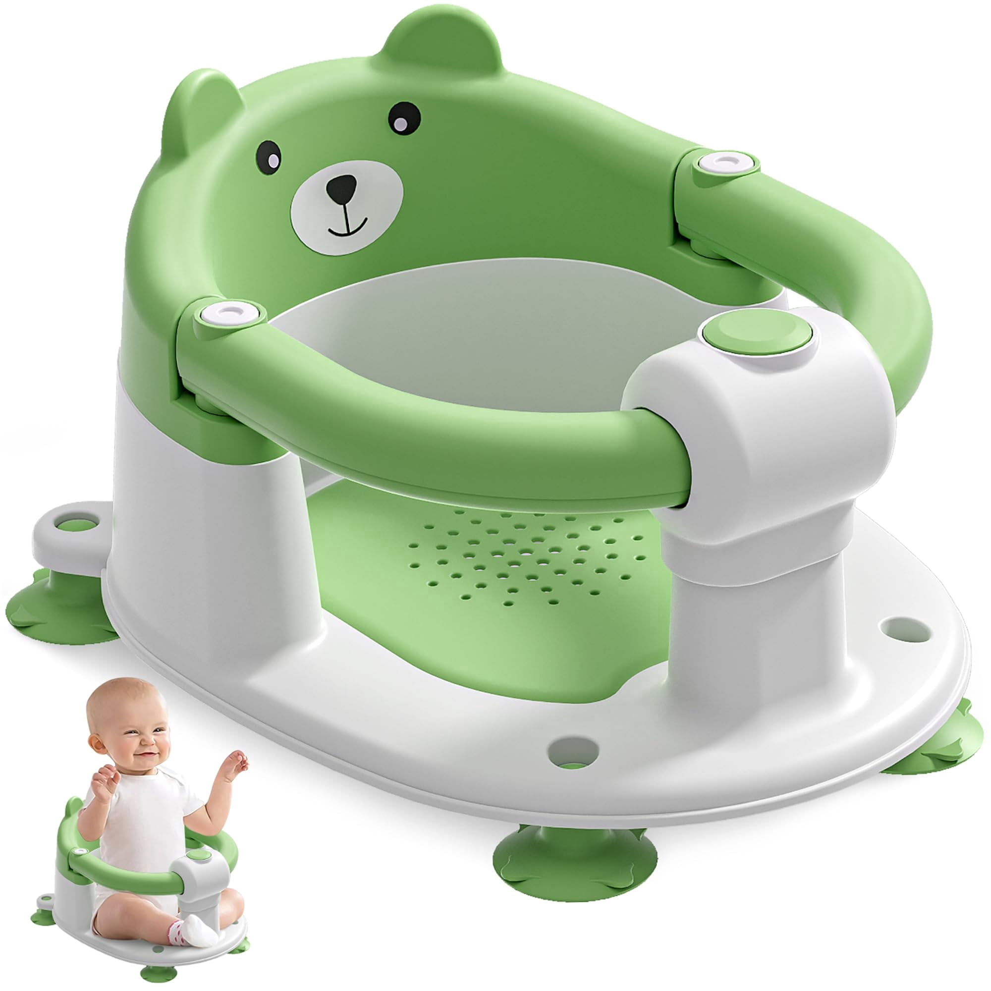 Soluxeo Baby Bath Seat for Babies 6 Months & up, Non-Slip Toddler Bath Seats for Babies Sitting Up with 4 Suction Cups & Soft Cushion for Shower(Green)
