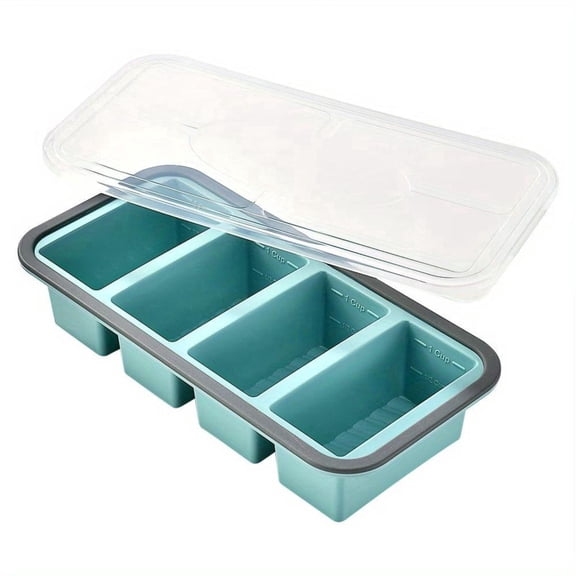 Soluxeo Silicone Freezer Molds with Lids, 1-Cup Soup Container Style Ice Cube Trays for Freezer, Suitable for Frozen Broth, Leftovers & Meal Prep(Blue-4Grid)