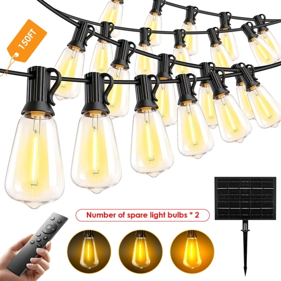 Soluxeo Solar Outdoor String Lights, 150FT Waterproof LED Patio Lights with 45 Shatterproof Bulbs, Remote Dimmable Lights for Yard, Garden, Backyard