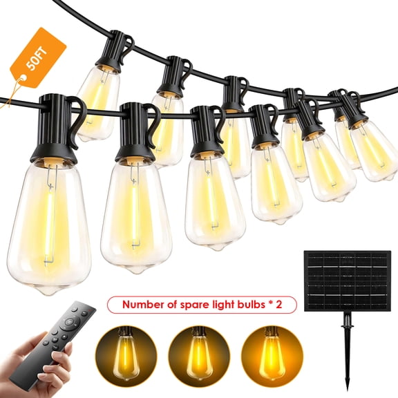 Soluxeo Solar Outdoor String Lights, 50FT Waterproof LED Patio Lights with 15 Shatterproof Bulbs, Remote Dimmable Lights for Yard, Garden, Backyard