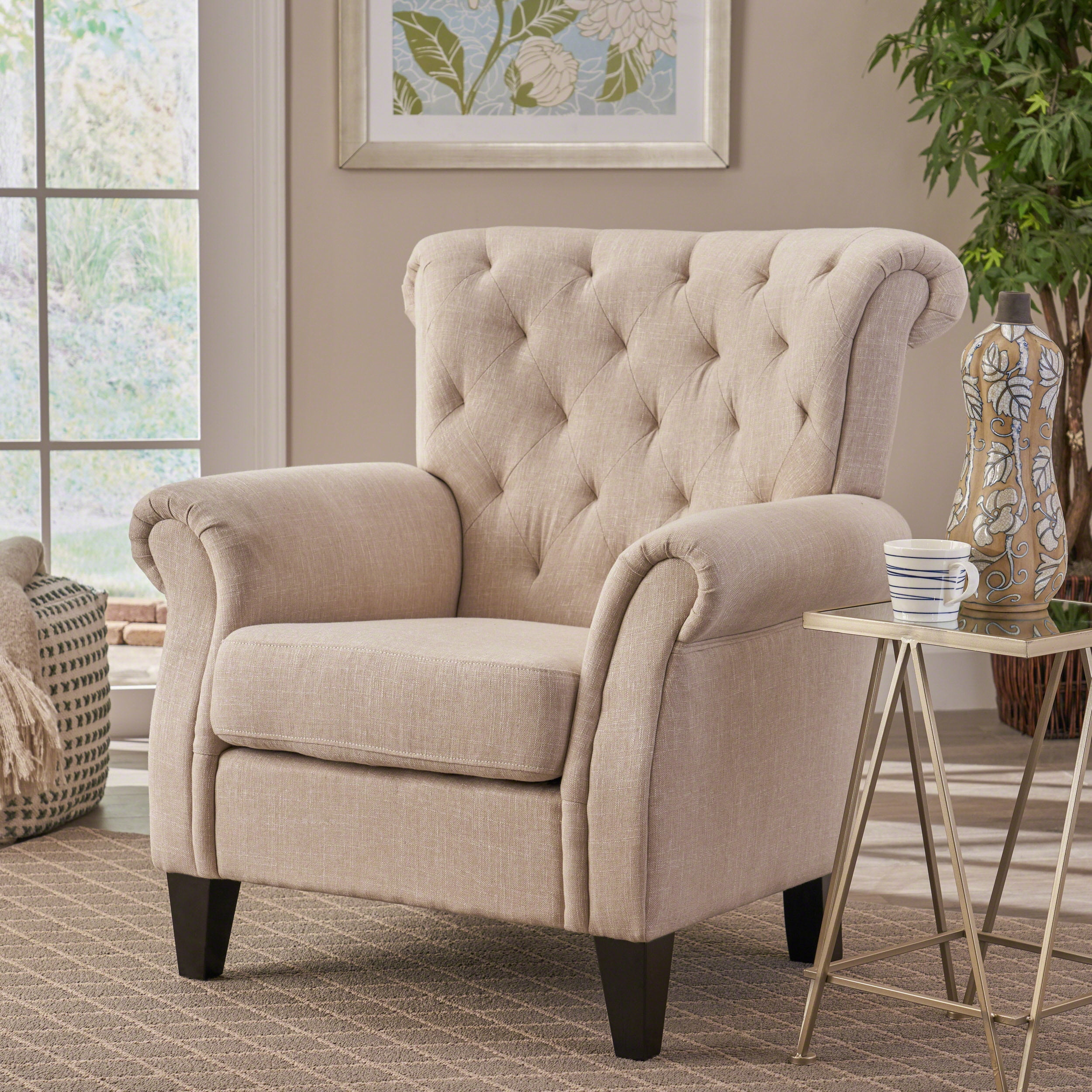 Beige Floral Leather and Wood Tufted Accent Armchair