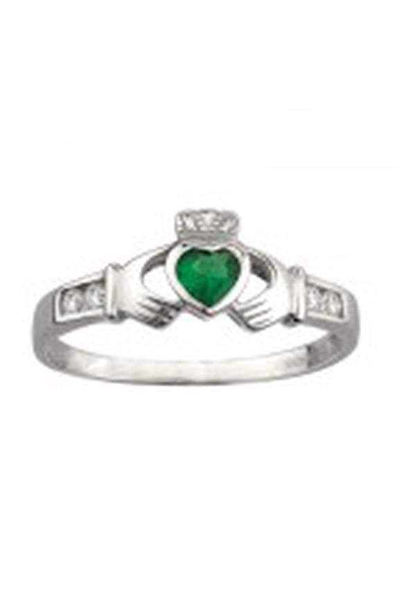 Claddagh White & Green Cz Ring / Sz 5