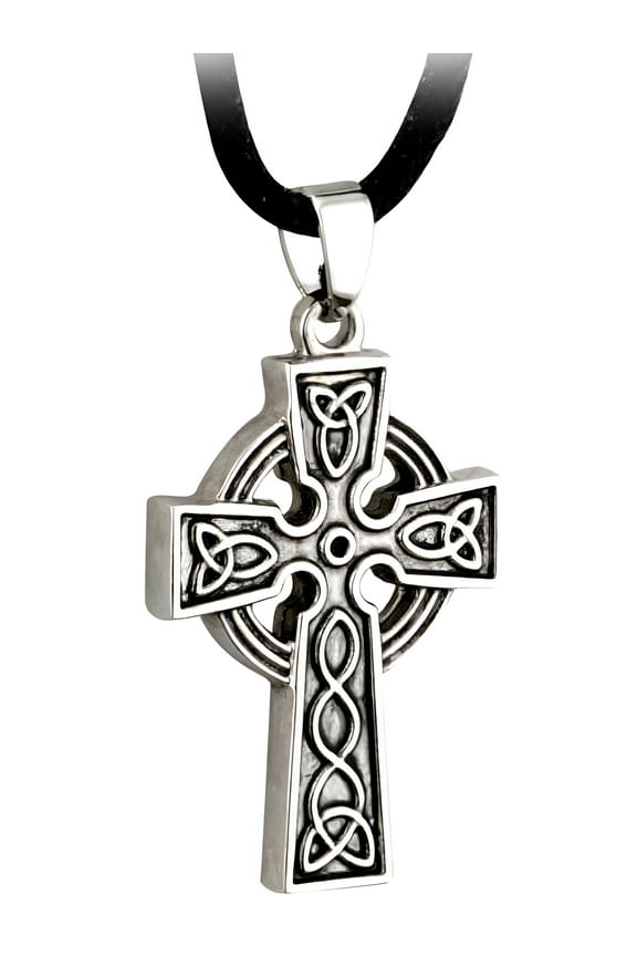 Mens Celtic Cross Necklace Stainless Steel Pewter Finish 20" Black Cord Made in Ireland