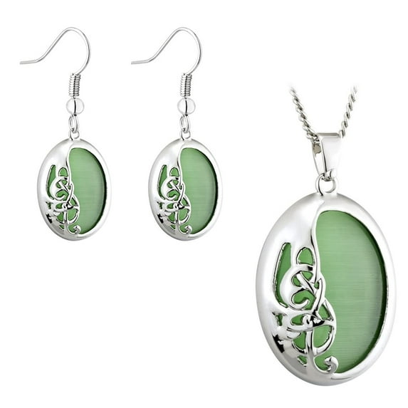 Solvar Set of Book of Kells Cats Eye Earrings and Necklace Green Cat Eye Rhodium Plated Made in Ireland