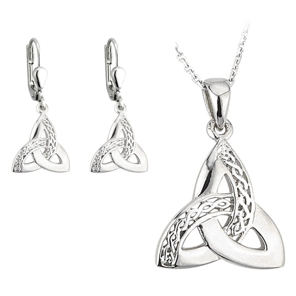 Solvar Set of Sterling Silver Celtic Trinity Knot Drop Earrings and Pendant Made in Ireland