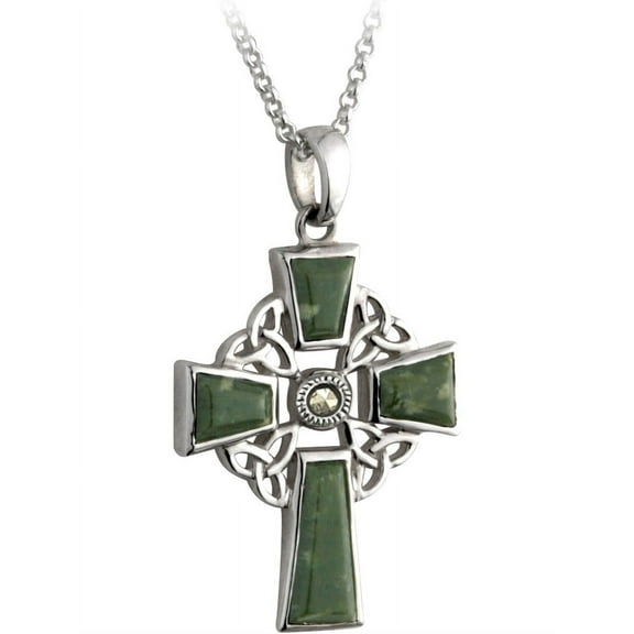 Solvar Silver Connemara Marble Marcasite Celtic Cross Pendant Made in Ireland