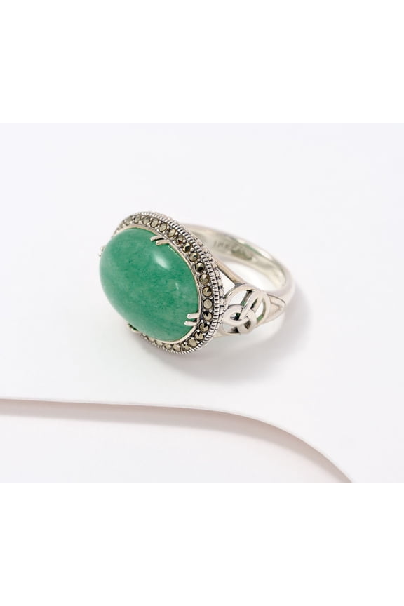 Sterling Silver Green Aventurine and Marcasite Ring Size 9