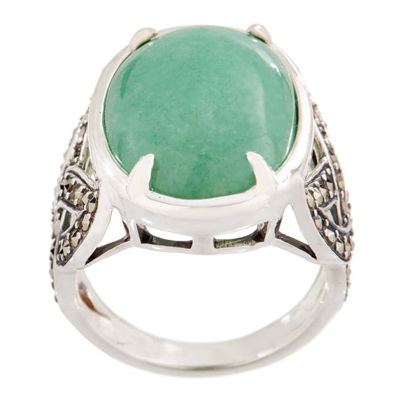 Solvar Sterling Silver Green Aventurine with Marcasite Ring, Size 6