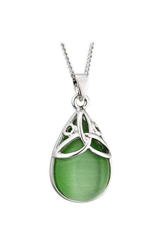 Women's Elegant Irish Necklace Rhodium Plated Oval Cat Eye Gemstone Celtic Style Trinity Knot Pendant