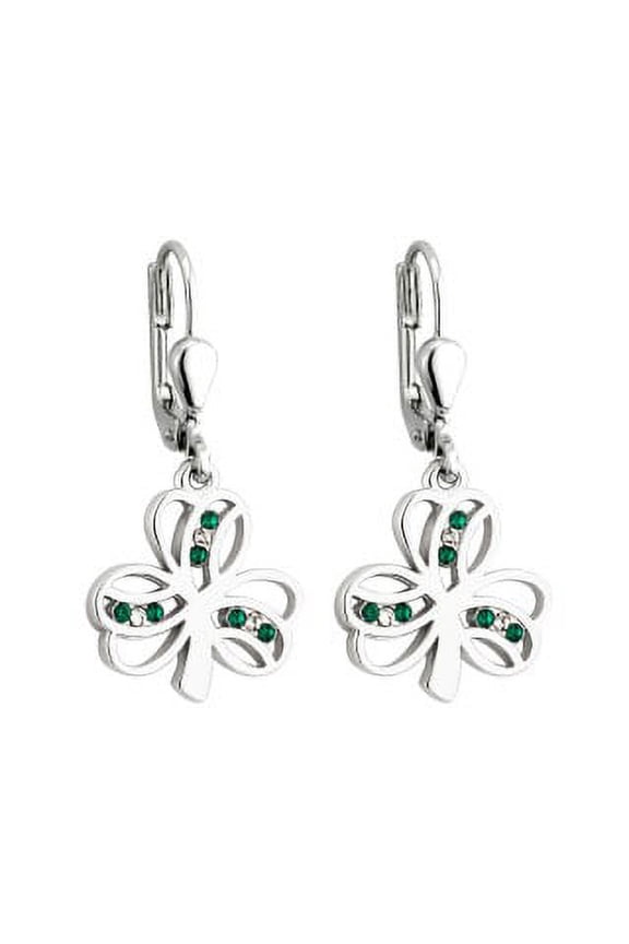 Women's Silver Green White Lucky Crystal Irish Shamrock Drop Earrings Made in Ireland