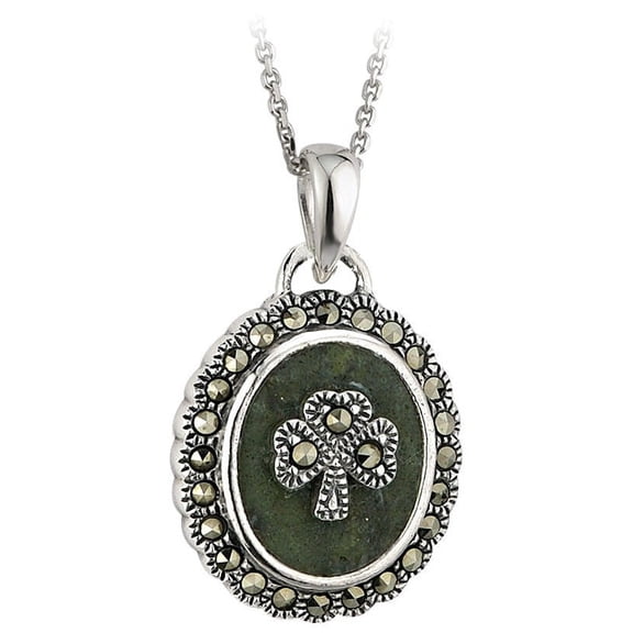 Solvar Women's Silver Irish Shamrock Marcasite Marble Celtic Pendant