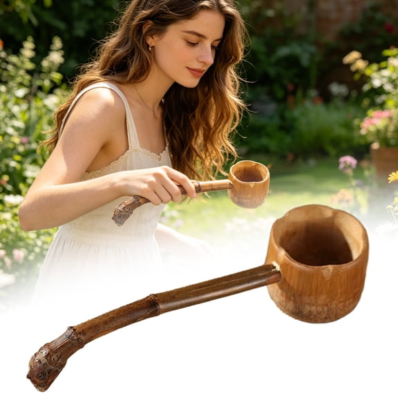 SomWiBe 1-Pack Natural Bamboo Water Dipper Scoop Rustic Japanese Style Bath Ladle Long Handle Kitchen Saunas Water Spoon 8.7 In