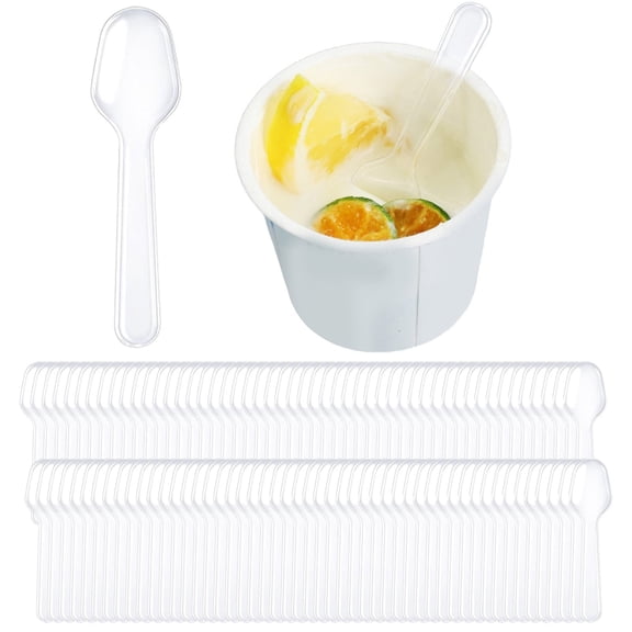 SomWiBe 100 Pcs Mini Dessert Spoons, Clear Disposable Plastic Tasting Spoons for Ice Cream Yogurt Pudding Cake Appetizers Party Catering Supplies 3in