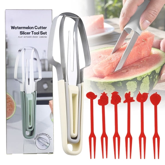 SomWiBe 3-in-1 Watermelon Cutter, Stainless Steel Fruit Slicer Tool with Hidden Fork, Mango Pineapple Handheld Fruit Cutter for Kitchen, Picnic, Home, Summer Fruit Prep