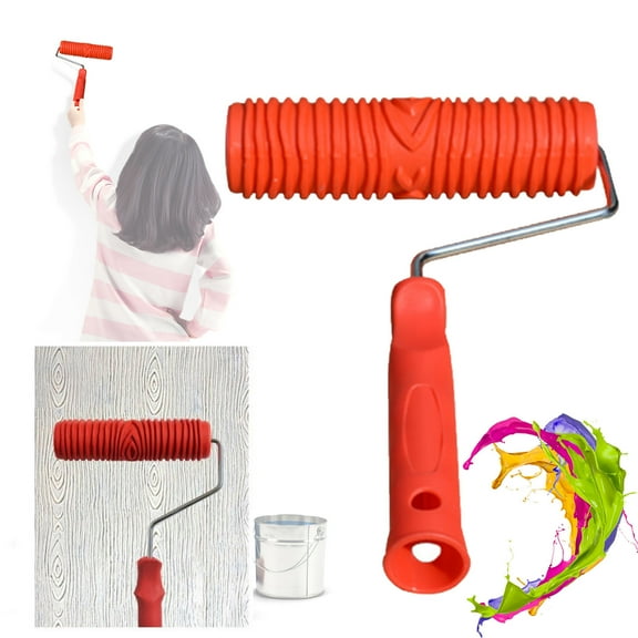 SomWiBe 7 Inch DIY Wood Grain Paint Roller Brush Rubber Embossing Texture Roller Wall Decoration Brick Pattern Painting Tool Orange