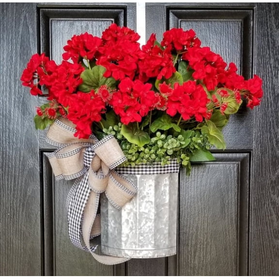 SomWiBe Artificial Red Geranium Wreath Bucket Garland Front Door Decor Checkered Bow Faux Greenery Spring Summer Door Hanging Wreath 15.7 in