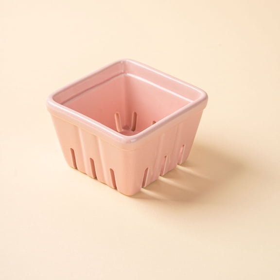 SomWiBe Ceramic Berry Basket, Square Rustic Stoneware Berry Bowl with Drainage Holes, Fruit Colander for Kitchen, Pink, 4.33 × 4.33 × 2.76 in