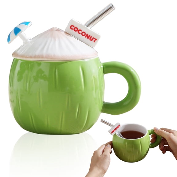 SomWiBe Portable Coconut Mug With Lid and Straw, Ceramic Fruit Cup for Desk Drinks, Easy-Clean Coffee Tumbler, Blue