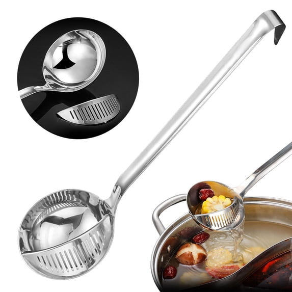 SomWiBe Stainless Steel Soup Ladle With Strainer Hook Handle 2 In 1 Slotted Ladle Spoon Hanging Cooking Serving Tool 14.57in Silver