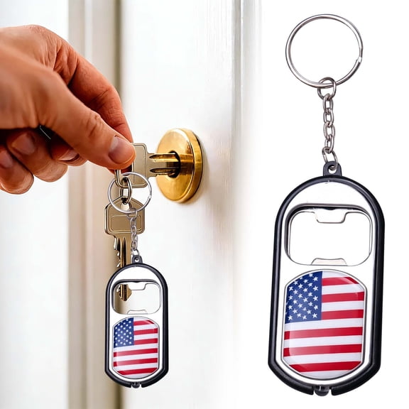 SomWiBe USA Flag Beer Bottle Opener Keychain with LED Light, Patriotic Portable Metal Bar Tool Key Ring Gift for Sports Fans, BBQ, Tailgate, Travel Accessory, 2.76 x 1.77 in