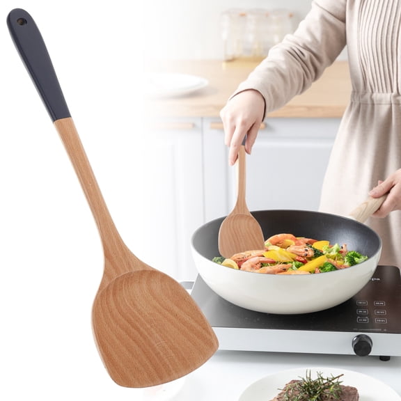 SomWiBe Wooden Cooking Utensils Khaki Beech Wood Spatula 15 Inch Nonstick Turner for Wok Pan Stir Frying Kitchen 1 Pack