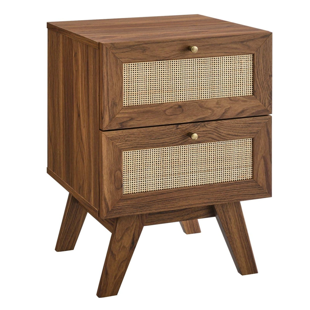 Walnut and Rattan 2-Drawer Nightstand with Splayed Legs