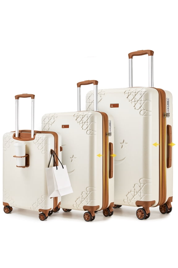 3 Piece Luggage Set with Cup Holder, Expandable 25% Capacity Suitcase with Shock-Absorbing Braking Spinner Wheels Moon Star Design Hardside Suitcase with TSA Lock