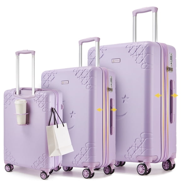 Somago 3 Piece Luggage Set with Cup Holder, Expandable 25% Capacity Suitcase with Shock-Absorbing Braking Spinner Wheels Moon Star Design Hardside Suitcase with TSA Lock