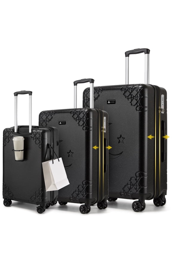 3 Piece Luggage Set with Cup Holder, Expandable 25% Capacity Suitcase with Shock-Absorbing Braking Spinner Wheels Moon Star Design Hardside Suitcase with TSA Lock