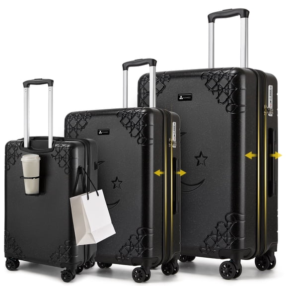 Somago 3 Piece Luggage Set with Cup Holder, Expandable 25% Capacity Suitcase with Shock-Absorbing Braking Spinner Wheels Moon Star Design Hardside Suitcase with TSA Lock