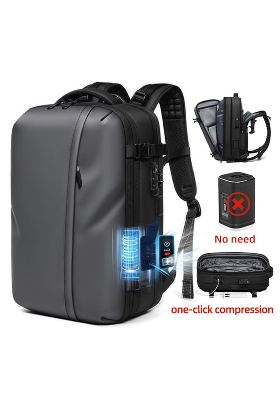 Vacuum Backpack Expandable 40-60L, One-Button Compression Carry-On Travel Backpack for 17-Inch Laptop, Business Flight Approved with Computer Pocket for Men Women(Grey)