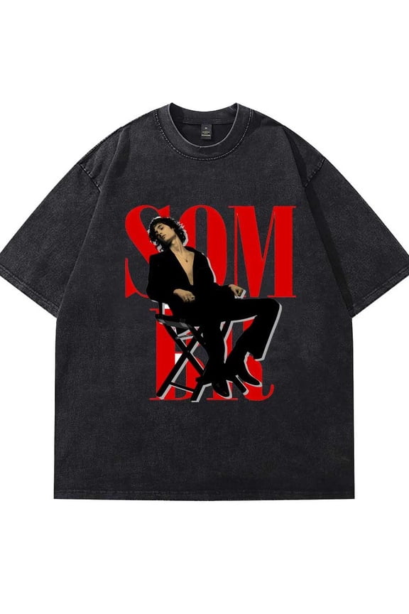 Sombr Inspired 2025 Tour Washed Denim Y2K Vibe Cotton T-Shirt - Unisex Oversized Crewneck Short Sleeve Summer Outing