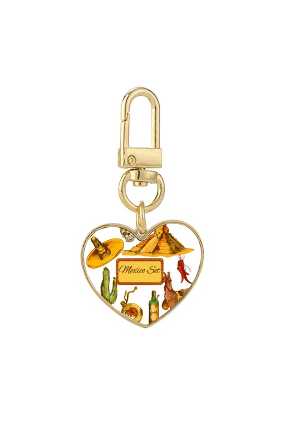 Sombrero Mexico Pyrad Desert Cactus Mexican Gold Heart Keychain Metal Keyring Holder