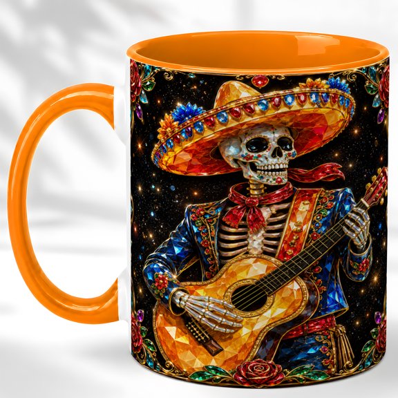 Sombrero Skeleton Guitar Coffee Mug, Festive Music Mug, Ceramic 11 oz