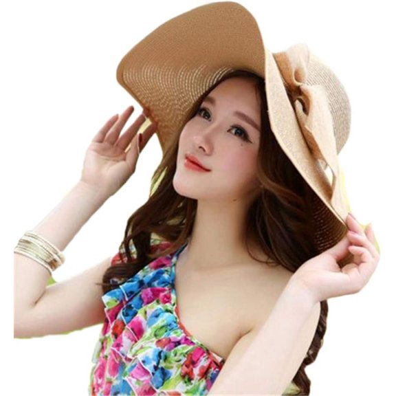 Flexible Wide Brim Straw Sun Hat, Large Bow, UPF50+ Protection, for Beach Fishing Outdoor Activities
