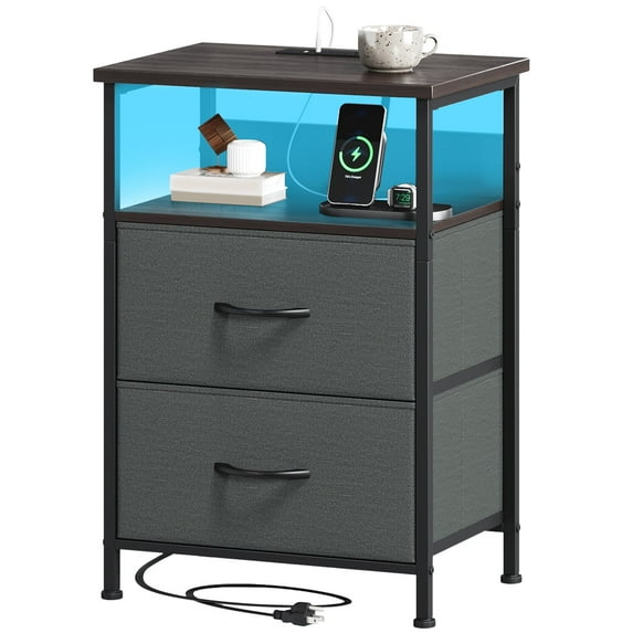 Eunos 2 Drawer Small Nightstand with Charging Station, LED and Open Shelf for Bedroom, Charcoal Grey