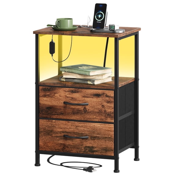 Eunos 2 Drawer Small Nightstand with Charging Station, LED and Open Shelf for Bedroom, Wood Grain Print