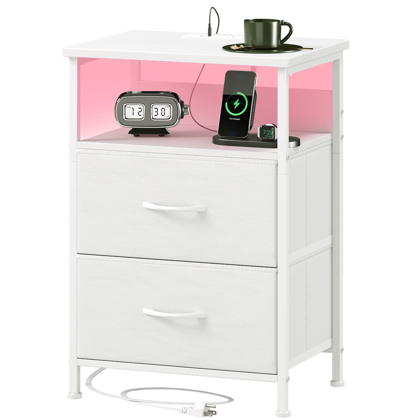 Eunos 2 Drawer White Small Nightstand with Charging Station, LED and ...