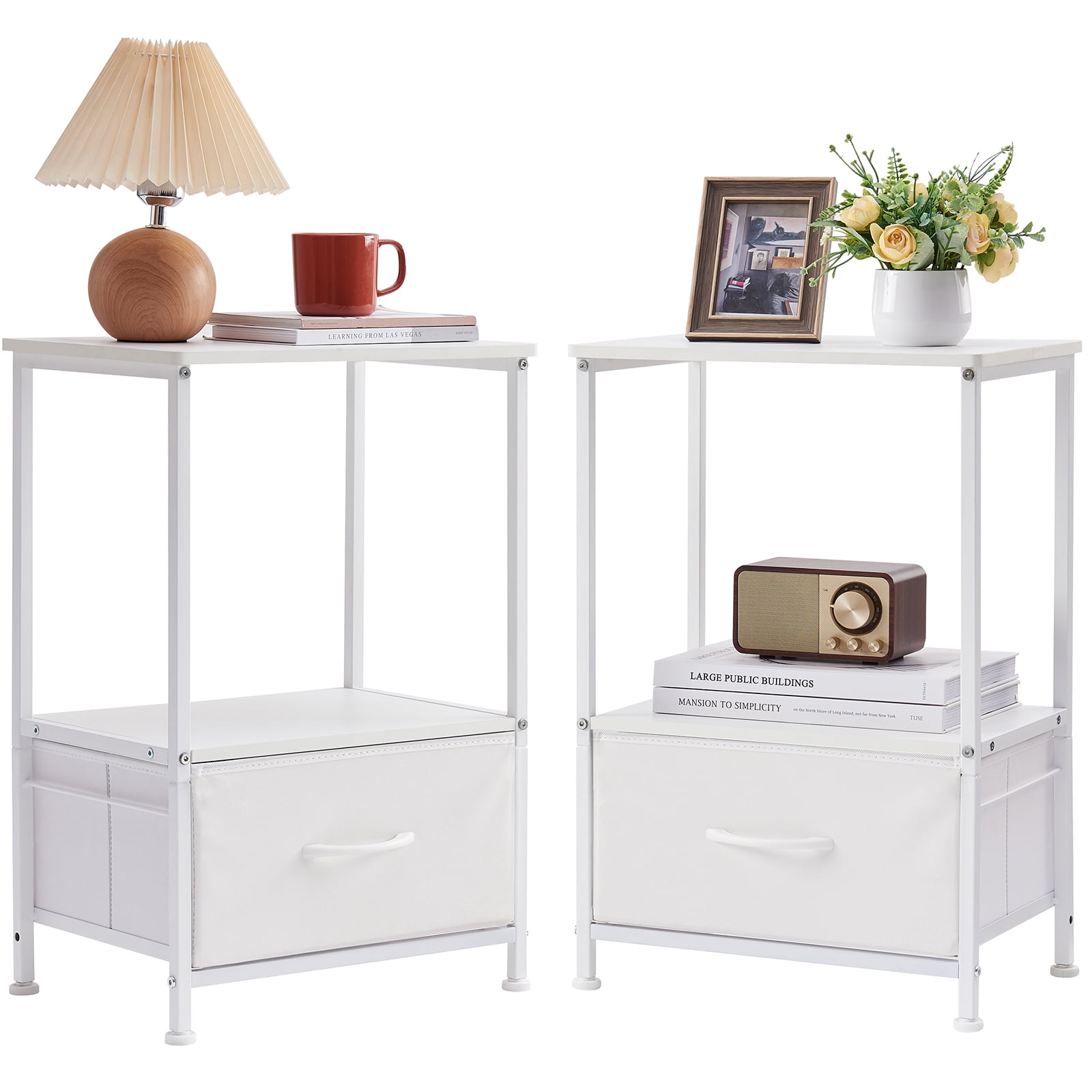 Furologee White Nightstand With Fabric Drawer, Small Side Table For Small Spaces, 2 Tiers Storage Shelves End Table, Night Stand For Living Room, Bedroom, Dorm